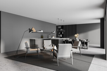 Modern design kitchen living room interior. dining table with six chairs, armchair lounge area. 3d rendering.