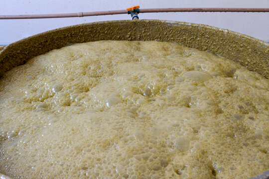Detalhe de fermenta&ccedil;&atilde;o de cacha&ccedil;a em alambique de Guarani, Minas Gerais, Brasil