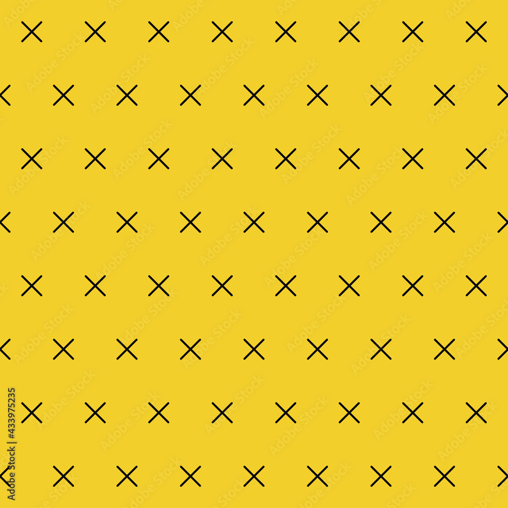 Poster Yellow background and seamless black crosses. Vector and same diagonal and simple crosses.