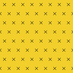 Yellow background and seamless black crosses. Vector and same diagonal and simple crosses.