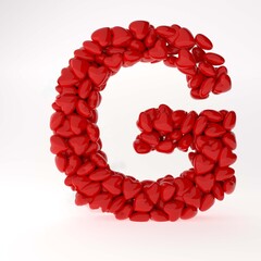 Red 3d english letter made of red hearts. English alphabet 3d rendering for valentine's day.