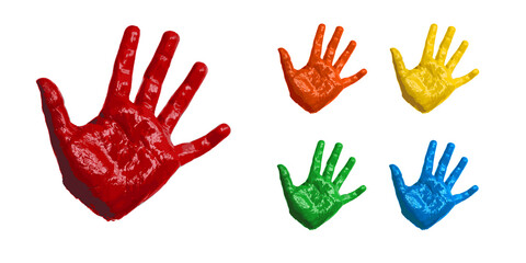 Hand kid print 3D isolated white background. Rainbow paint human hands. Silhouette of child, young people handprint. Stamp children fingers and palm shape. Abstract design texture Vector illustration