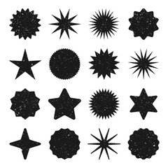Retro stars, grunge sunburst symbols. Vintage sunbeam icons. Black shopping labels, sale or discount sticker, quality mark. Special offer price tag, promotional badge. Vector illustration.