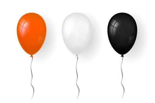 Balloon 3D icon, isolated white background. Baloon mockup for Halloween party celebration. Realistic black orange silver design. Helium gift ballon with ribbon. Glossy decoration. Vector illustration