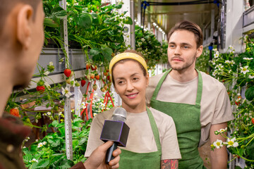 A person holding a microphone during interview with two farmers in greenhouse