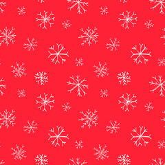 Hand drawn snowflakes on red background; christmas seamless pattern