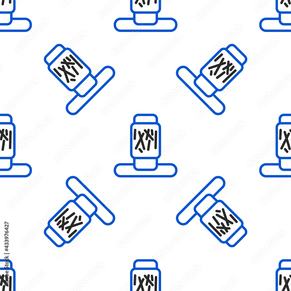 Poster line cat scratching post with toy icon isolated seamless pattern on white background. colorful outli