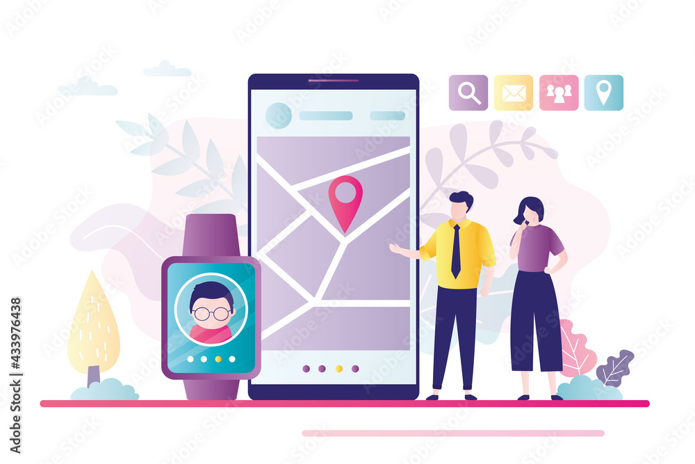 Poster parents monitoring whereabouts of son. phone screen with geolocation tracking app