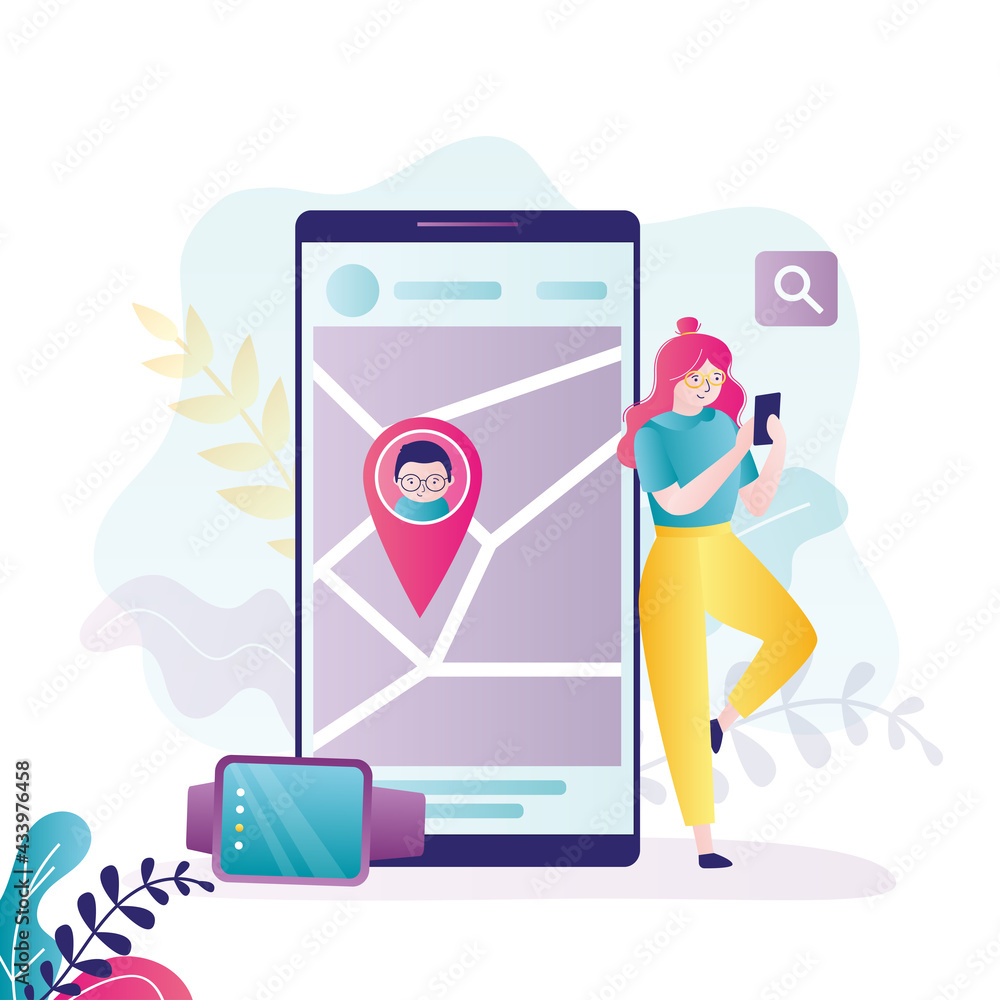 Poster mom looks at location of son through application. phone screen with map and child's location point
