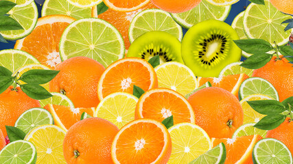 healthy food, mix sliced lemon, green lime, orange, mandarin and grapefruit  background.