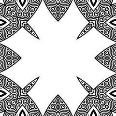 Ethnic pattern in the style of the peoples of the East and Asia on a white background. Geometric isolated black white frame. Template for design, creativity, coloring. 