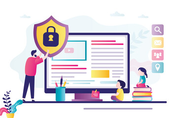 Father using content control software. Dad provides safe internet for children. Concept of parental control and media content limitations