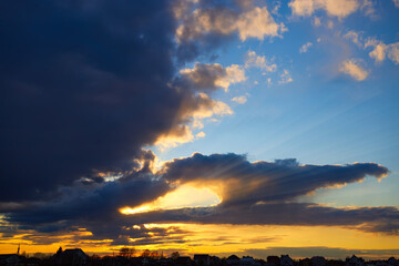 Dramatic sky on summer sunset. Beautiful clouds.