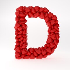 Red 3d english letter D made of red hearts. English alphabet 3d rendering for valentine's day.