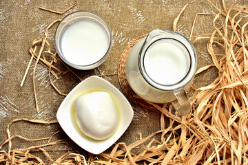 View from top of milk in a glass jug and a bowl of fresh goat cheese on vintage decorative background with dry straw and hay.