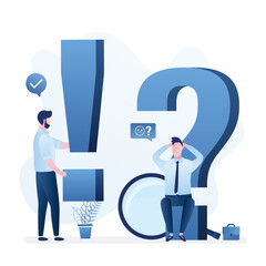 Businessman sits on big question mark. Male employee needs help. Support service man gives answers, huge exclamation mark. Problem solving, brainstorming. FAQ and feedback