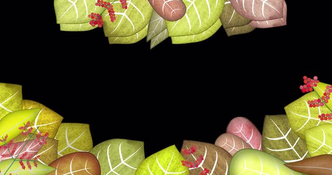 Stylized picture frame made of animated leaves. An endlessly looped vegetable border with a blank space for text or information. Floral pattern with transparent background.