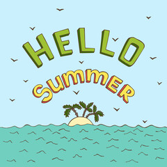 tropical island with palm trees, banner with 'hello summer' lettering