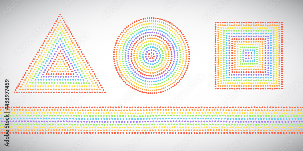 Poster set of rainbow geometric dot shapes, graphic design elements, frame or border templates. dotted tria