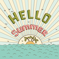 Illustration of the sun and an island on the sea with HELLO SUMMER lettering, banner in cartoon style