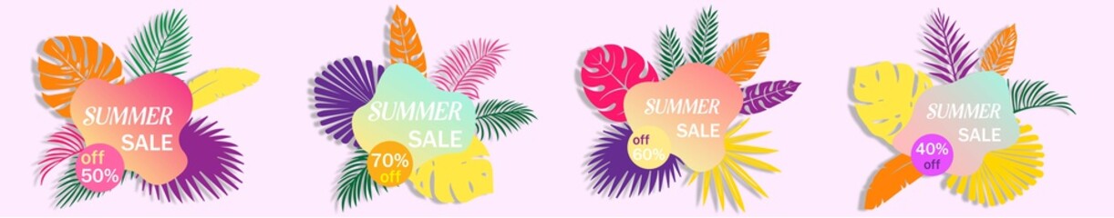 Illustration card banner set of summer sticker's template for summer sale with colorful palm leaf 40% off 70% off 60% off 50% off limited time best offer