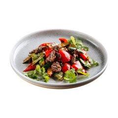 Isolated plate of warm asian salad with beef meat on white background