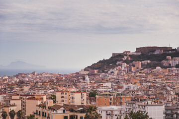 Fototapeta na wymiar Panoramic scenic view of Naples on a cloudy day, Campania, Italy