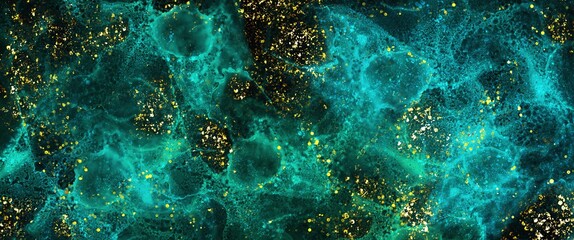 Turquoise space abstract background with alcohol ink texture and gold glitter elements, luxury black background hand painted fluid art
