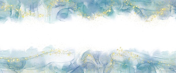 Luxury alcohol ink background with hand painted fluid art, white copy space with gold foil texture