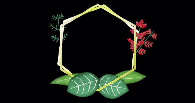 Stylized picture frame made of animated leaves. An endlessly looped vegetable underlay with a blank space for text or information. Floral sign with transparent background.