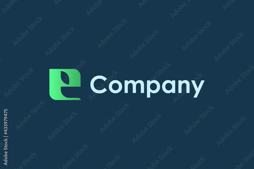 Poster abstract initial letter e logo. green geometric shape with negative space leaf symbol isolated on bl