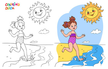 Coloring. A joyful girl in a swimsuit runs into the sea, the sun looks at her and smiles.