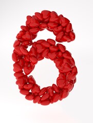 Red 3d number 6 made of red hearts. 3d rendering numbers for valentine's day.