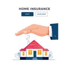 Home insurance banner. Male hand is protecting the house from danger. Home safety security, real estate protection, Property insurance business service concept for web design. Flat vector illustration