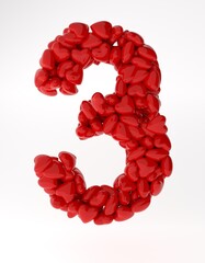 Red 3d number 3 made of red hearts. 3d rendering numbers for valentine's day.