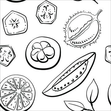 Seamless pattern with exotic fruits slices in black line sketchy style isolated on white background. Doodle hand drawn vector illustration