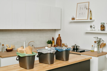 Fototapeta na wymiar Modern kitchen with kitchenware and group of plastic trash bins