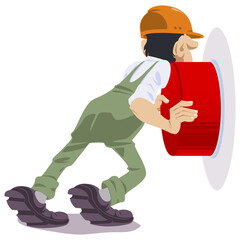 Man presses red start button. Young guy facing a dilemma. Startup key. Illustration for internet and mobile website.