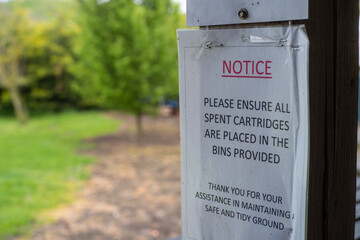 Cambridge UK May 2021 Warning sign on the shooting range in the UK, warning shooters to clean up...