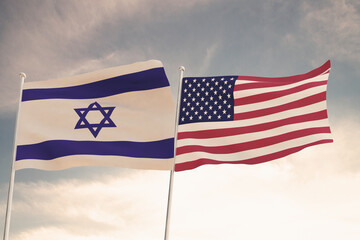 Relations between the countries of the United States of America USA and ISRAEL represented by the concept of two flags waving against a cloudy sky.3d render.