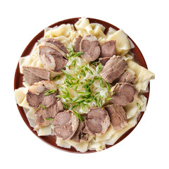 Isolated kazakh national dish beshbarmak on white background