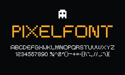 Fototapeta premium pixel font in vector. uppercase font provided in unique style. creative font which may be possible to use in technological, gaming, and digital themes. alphabet, number, and punctuation in set.