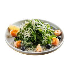 Isolated plate of shrimp and arugula salad on white background