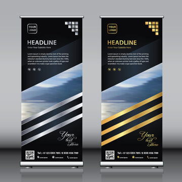Roll up vertical banner design gold and silver. modern template vector