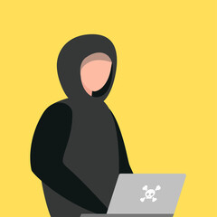 Hacker steals personal data. Internet thief with laptop computer stealing confidential data, personal information, credit card.