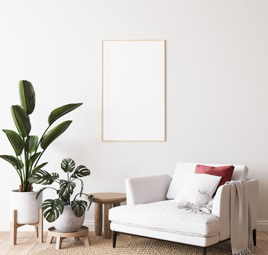 Poster mockup in bright modern room, white armchair and green plants on minimal background, 3d render