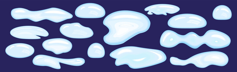 Puddle, rain or water spilled on the floor or ground. Pure clear water on a blue background. Wet surface, liquid collection with reflection. Autumn collection of big drops. Vector illustration.