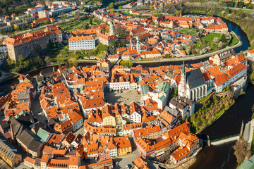 Fototapeta na wymiar Top view of Old Town Cesky Krumlov and river Vltava, Czech Republic