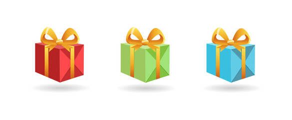 Set of festive gift boxes isolated on white background. Red, green, blue with shadow. For birthday, christmas, sale, giveaway. Vector illustration. 3d image.