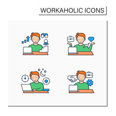 Workaholic color icons set. Workaholism prevention, consequences. Workaholism treatment, ethic, dilemma.Conduct rules. Overworking concept.Isolated vector illustrations